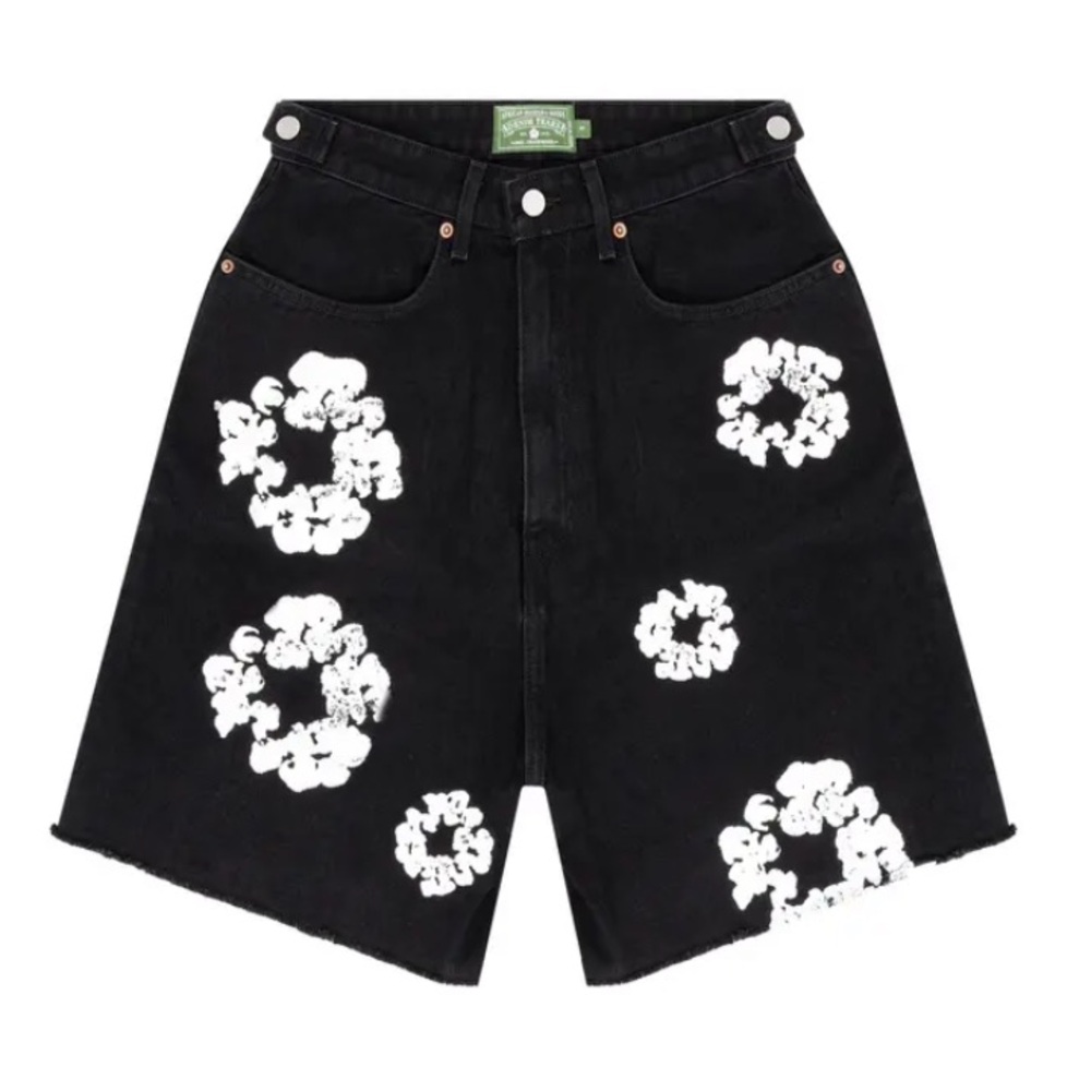 Black Jean Shorts with White Floral Design